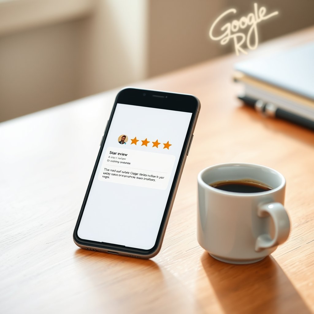 Phone showing a 5-star Google review